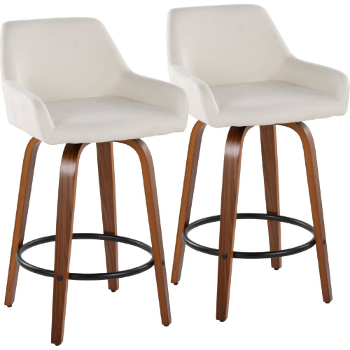 Daniella 26" Swivel Counter Stool in Walnut Wood & Cream Fabric with Black Footrest (Set of 2)